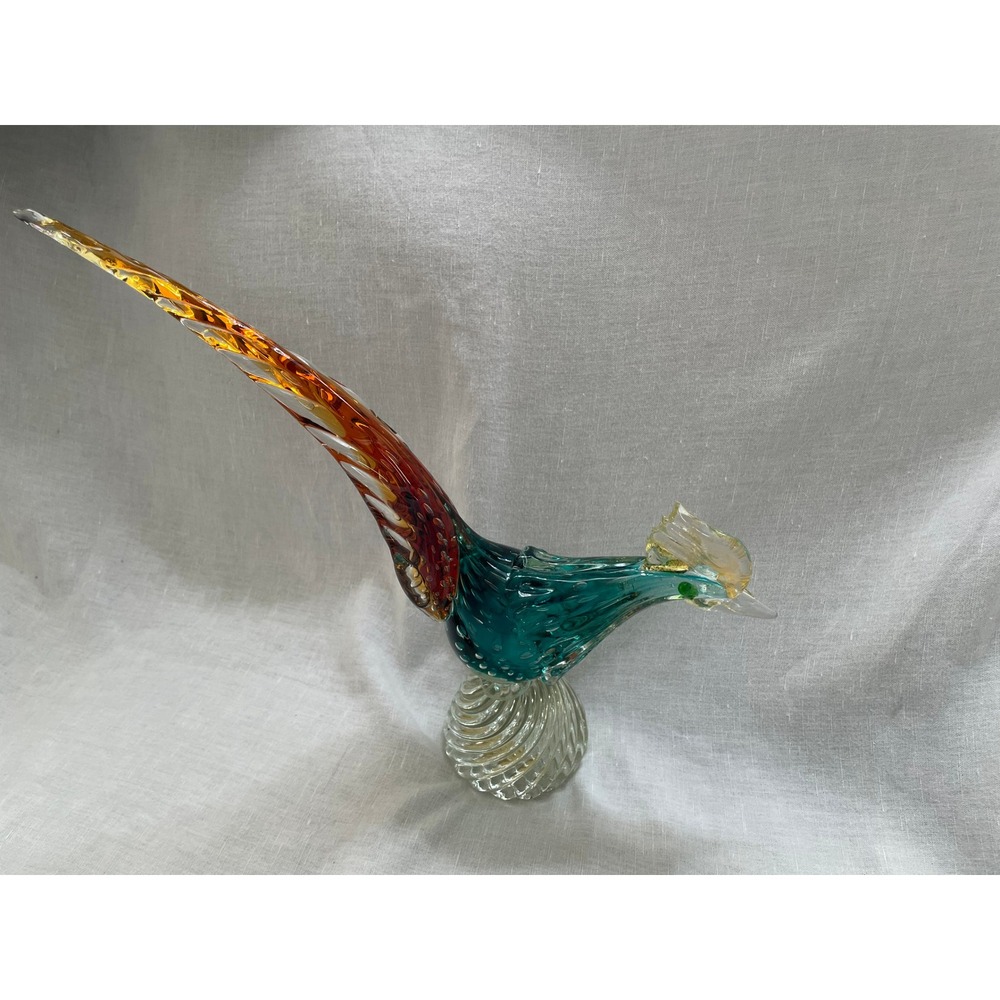 Murano Venetian Glass Pheasant Bird Figurine Teal Amber Red Murano Italy#529